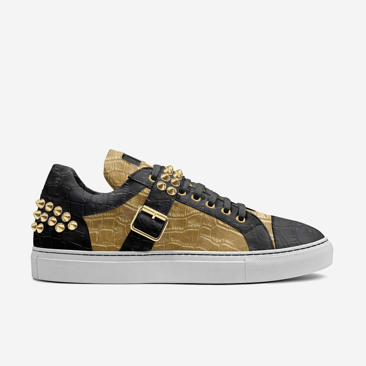 D’Vyne-Gold & Black Studded Leather Low-Tops