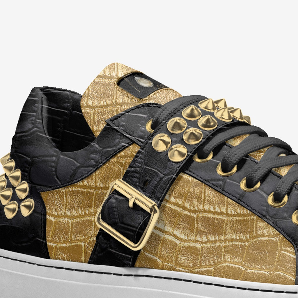 D’Vyne-Gold & Black Studded Leather Low-Tops