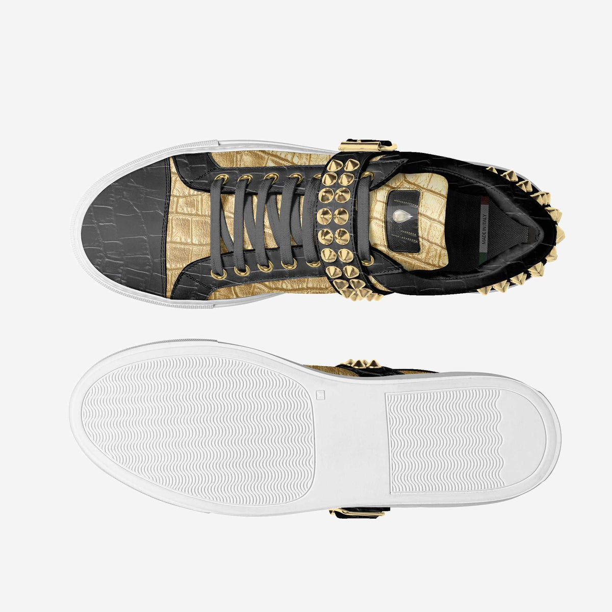 D’Vyne-Gold & Black Studded Leather Low-Tops