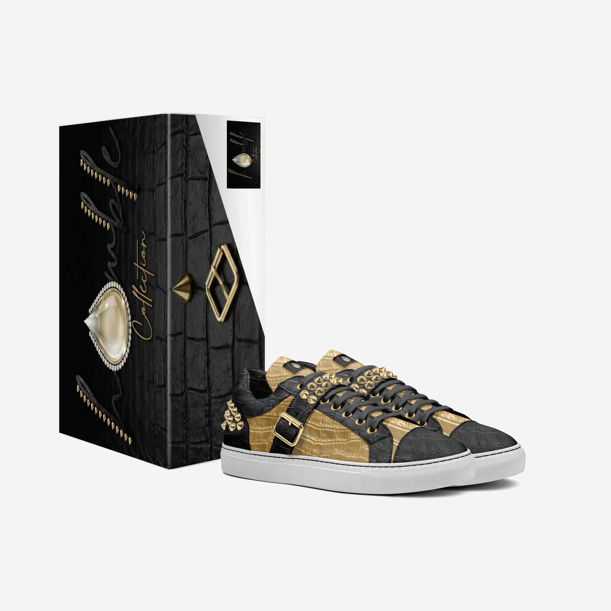 D’Vyne-Gold & Black Studded Leather Low-Tops