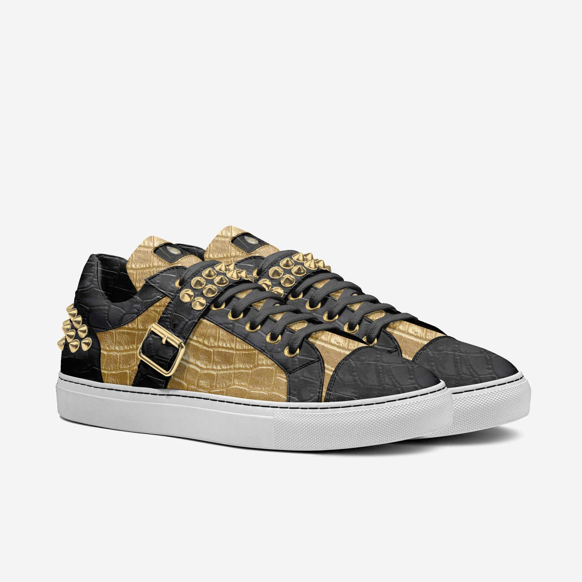 D’Vyne-Gold & Black Studded Leather Low-Tops