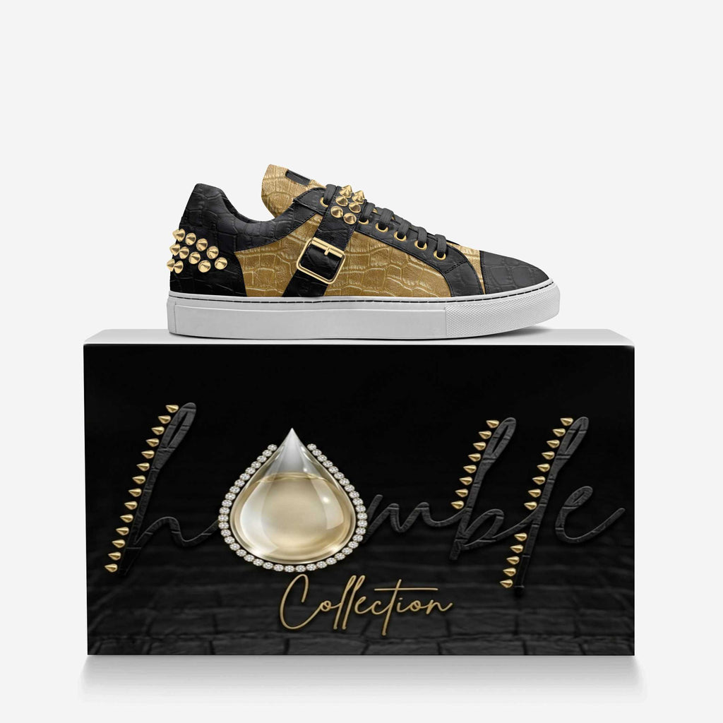 D’Vyne-Gold & Black Studded Leather Low-Tops