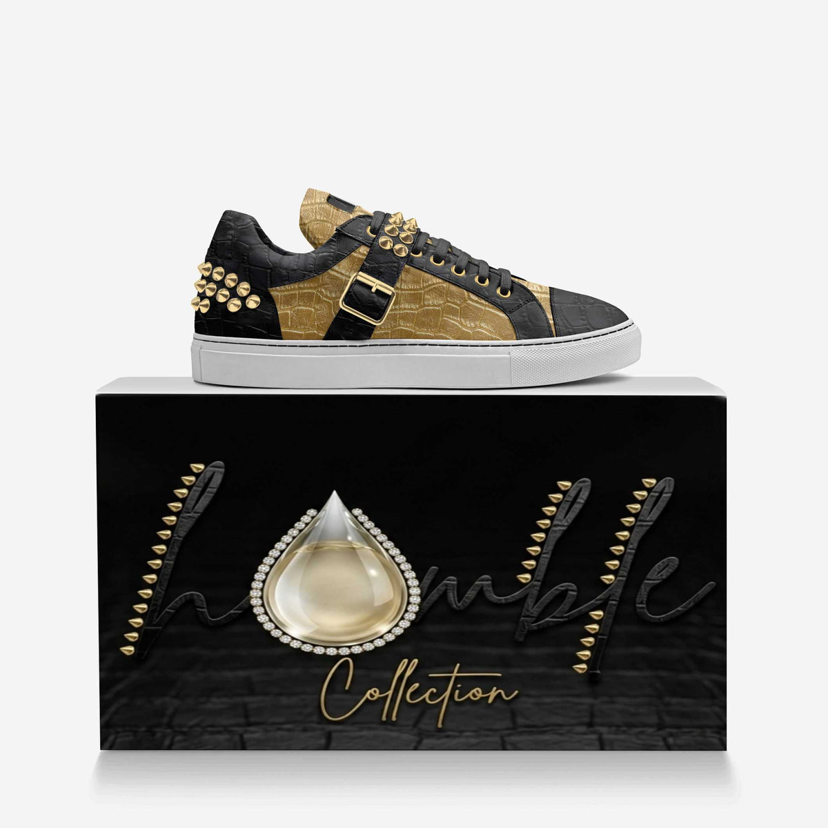 D’Vyne-Gold & Black Studded Leather Low-Tops
